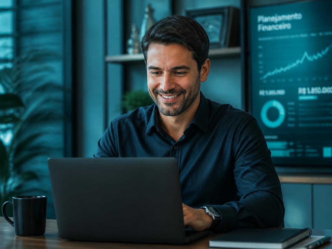 Planejador financeiro usando a plataforma CinQ em um notebook